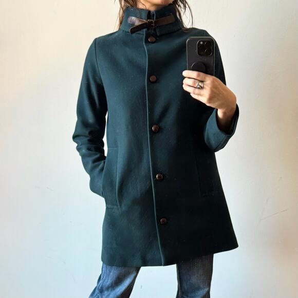 Vintage 2000s SESSÙN Teal Green Wool Blend Funnel Neck Coat - Picture 2 of 13